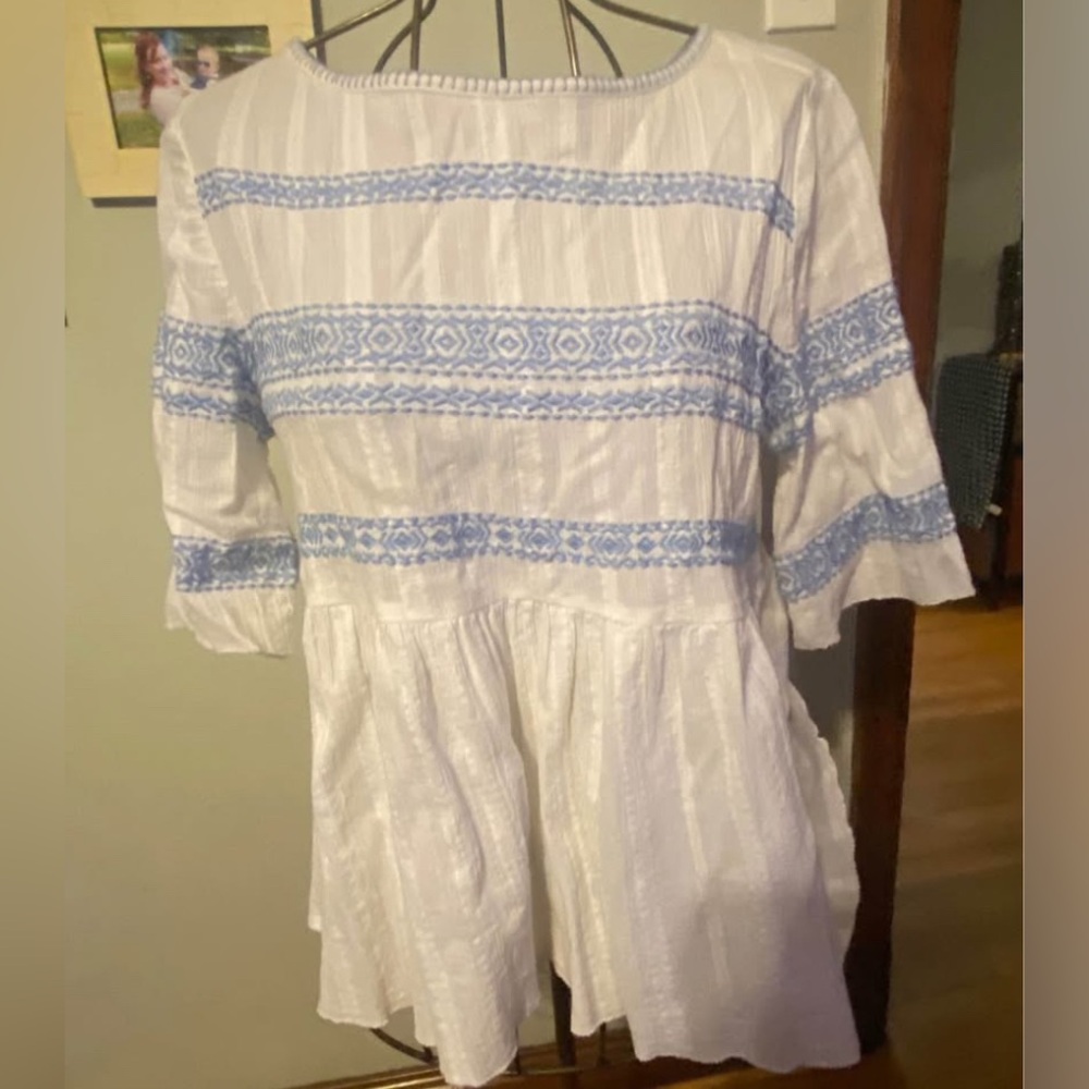 White and Blue Embroidered Blouse